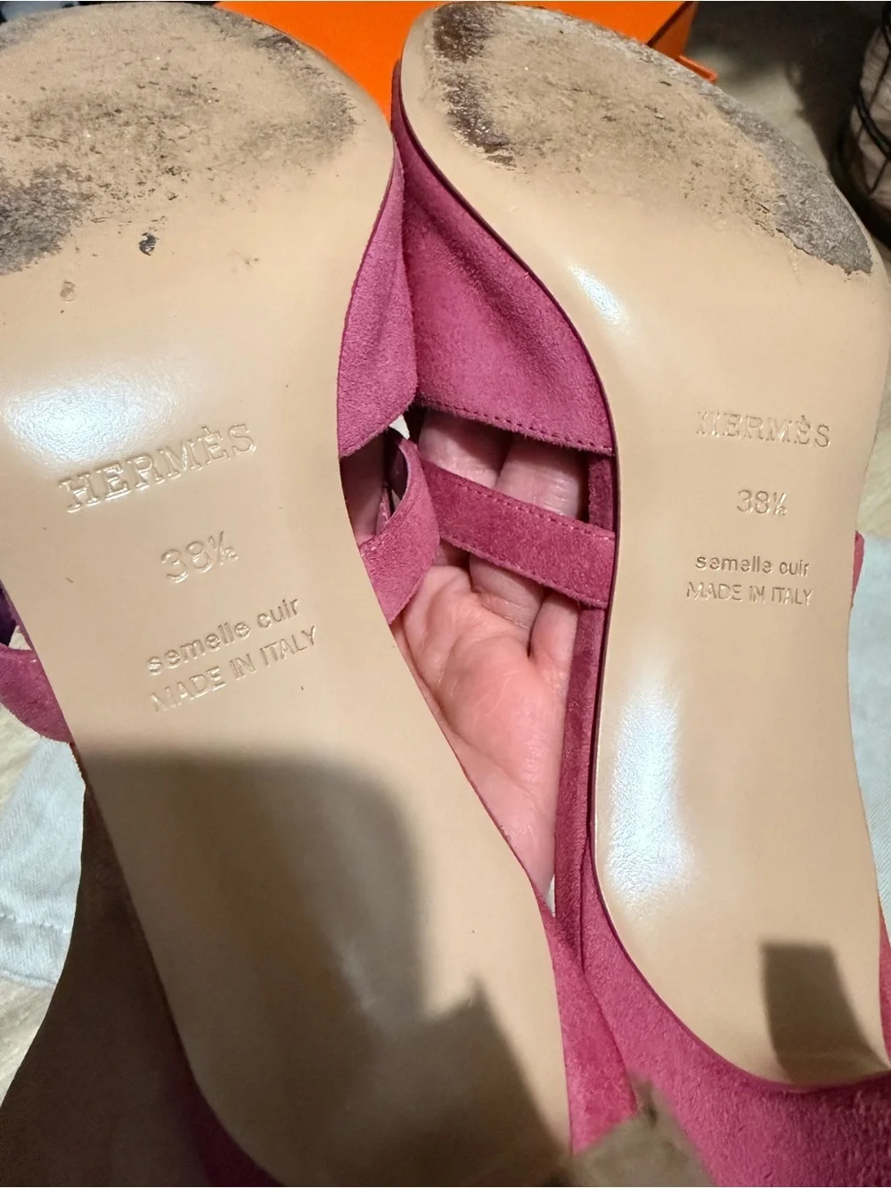 Hermès Sandals – Rose Suede with Palladium Kelly Hardware